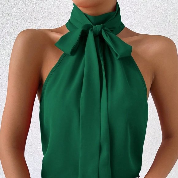 Preppy Tie Neck Halter Top Green - Picture 4 of 5